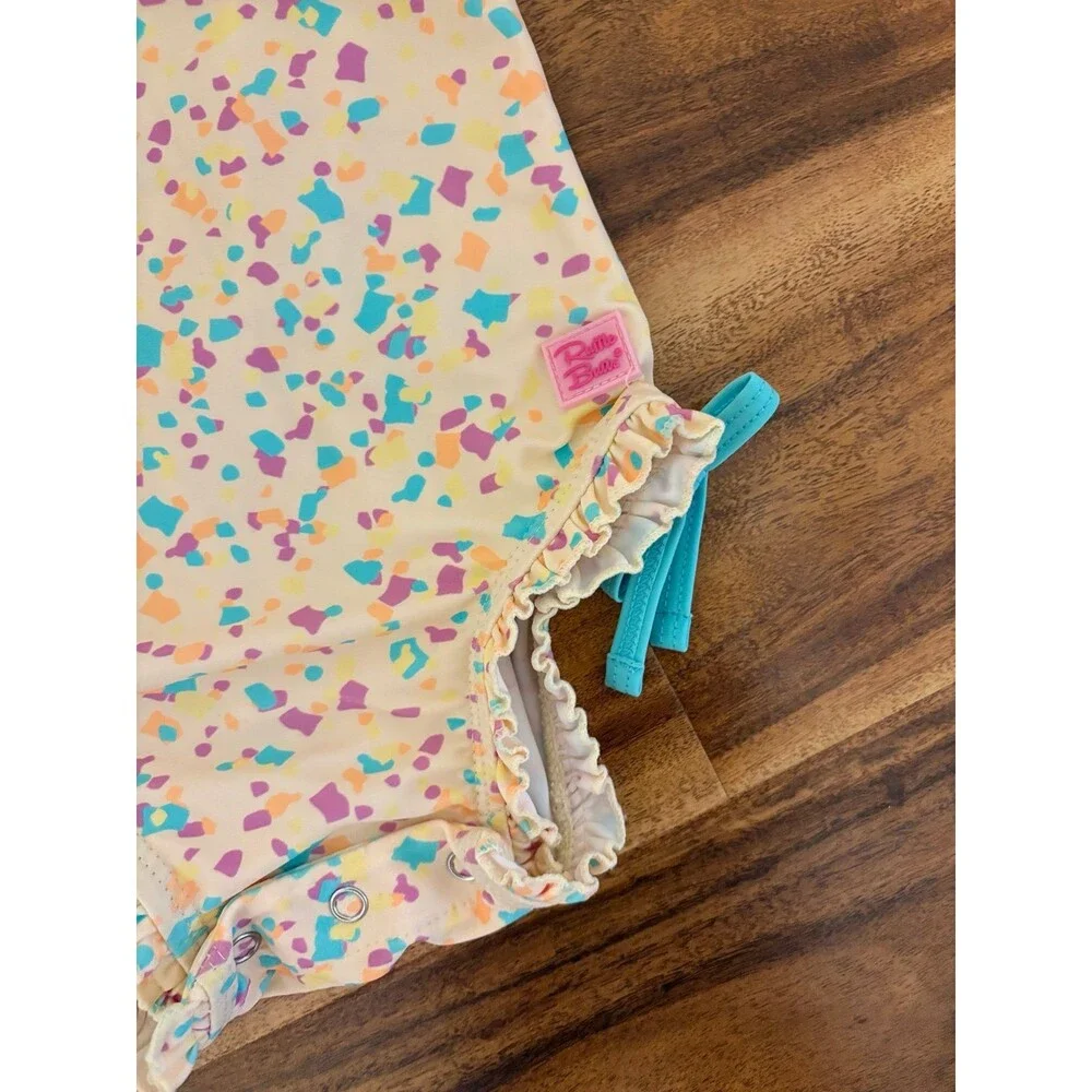 RuffleButts Long Sleeve Rash Guard Swimsuit, Confetti Beach, Size 2T